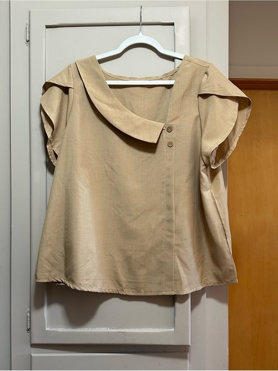 SHEIN Tops - SHEIN Beige Short-Sleeve Blouse with Draped Collar